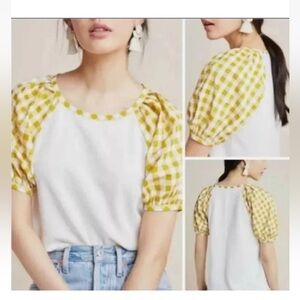 Anthropologie Gingham puff sleeve blouse small white yellow